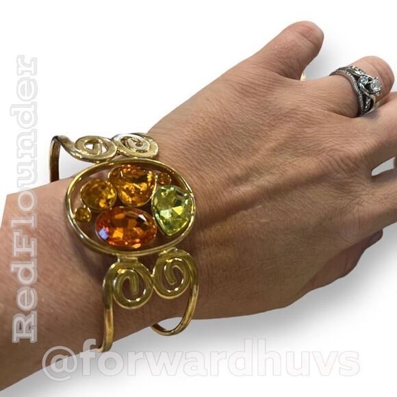 Gold Tone Hinge Bracelet with Orange & Green Rhinestones - Medium-Large Wrist - Picture 1 of 7
